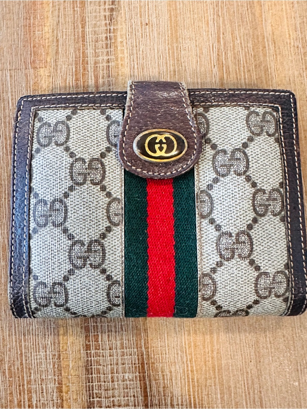 Authentic Gucci GG Monogram Sherry Web Stripe Leather Snap Wallet Brown